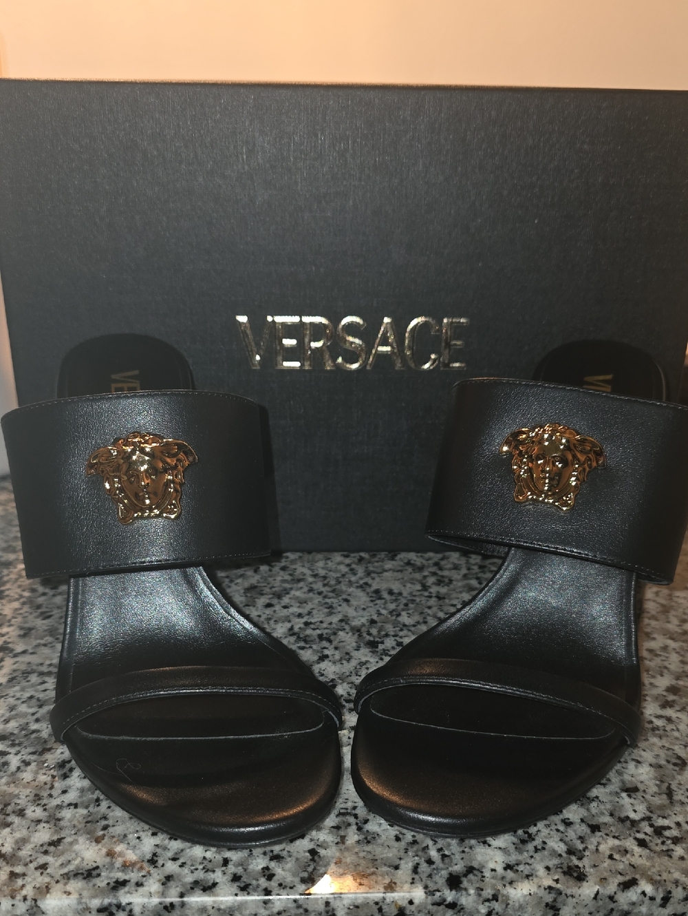 Versace Black Leather Mule Heels with Gold Medusa Accent